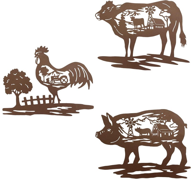 J-Fly Farm Wall Decor Farmhouse Metal Wall Art Pig Cow Rooster, 9 Inch set of 3, House Decorations for Living Room Bedroom Valentine, Rustic Farm Animal Windmill Décor for Indoor Outdoor Lodge - Image 1
